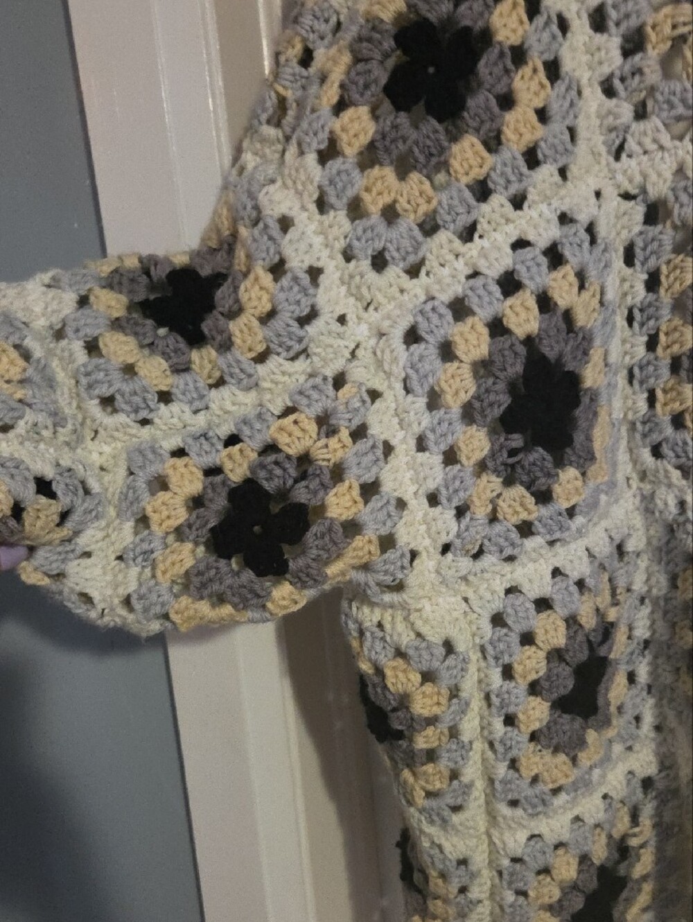 Cozy Gray Crochet Shawl-Collar Cardigan with Cream & Yellow Accents - Picture 8 of 8